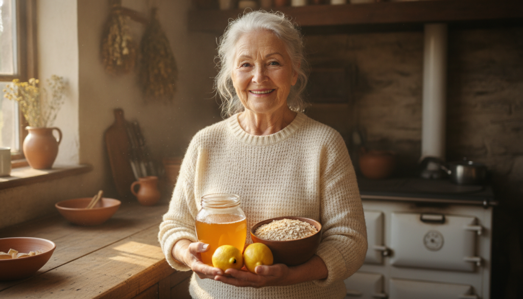 A smiling grandmother with smooth glowing skin holding natural ingredients like honey lemon and oats in her hands in a c