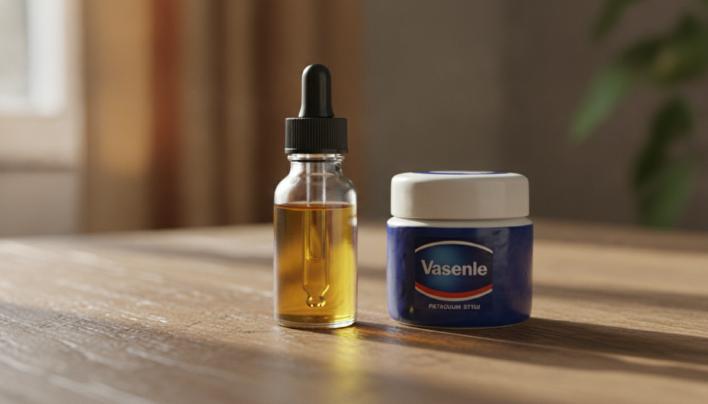 A close-up shot of a small bottle of Vitamin E oil next to a jar of Vaseline with a soft natural light illuminating them