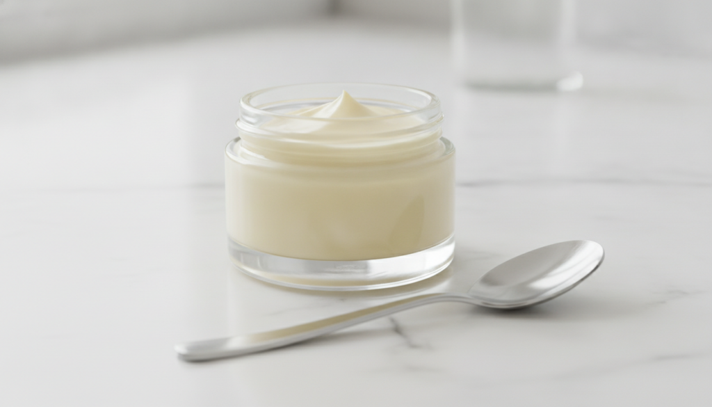 A small clear glass jar filled with a freshly mixed creamy homemade collagen cream made from Vaseline and Vitamin E oil