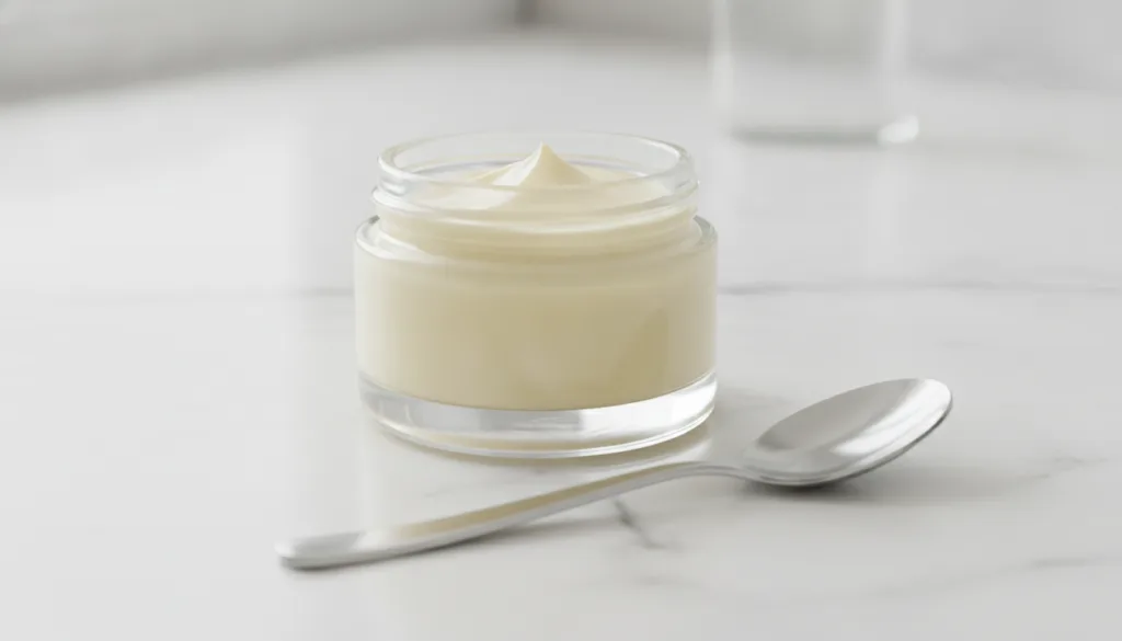 A small clear glass jar filled with a freshly mixed creamy homemade collagen cream made from Vaseline and Vitamin E oil 