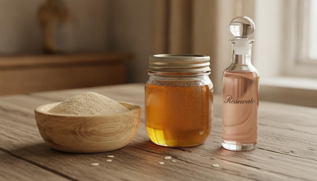 Close-up of a small bowl containing ground oatmeal a jar of honey and a bottle of rosewater neatly arranged on a rustic 