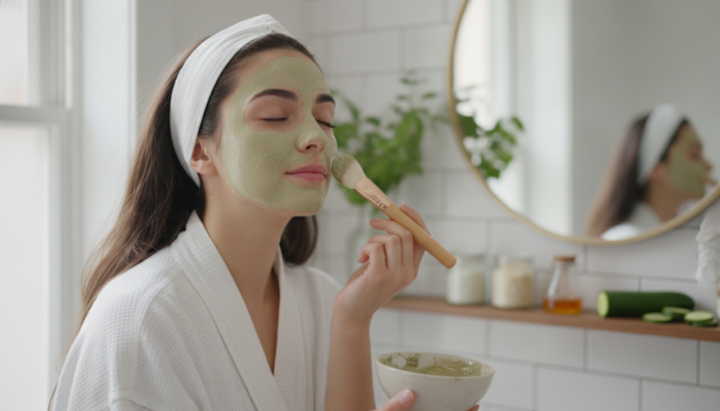 A woman gently applying a homemade face mask to her face with a soft brush in a well-lit bathroom setting She looks calm