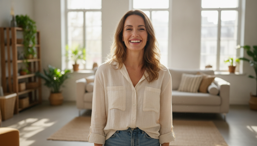 A woman smiling with clear glowing skin subtly suggesting youthfulness and natural beauty She could be applying a homema