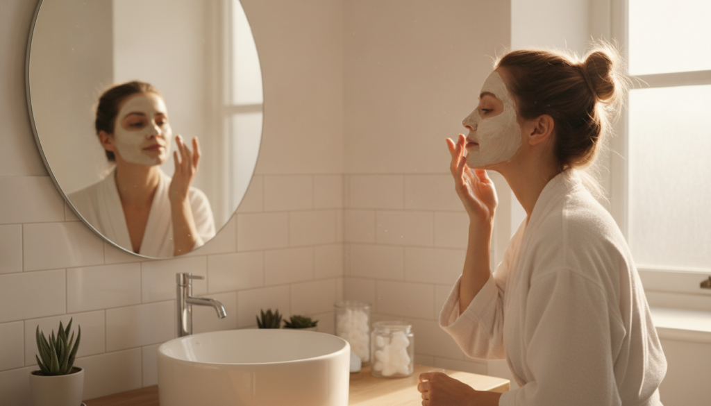 A woman gently applying a natural homemade face mask to her clean face in a brightly lit bathroom looking at her reflect