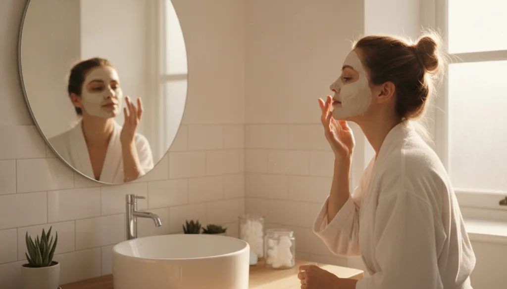 A woman gently applying a natural homemade face mask to her clean face in a brightly lit bathroom looking at her reflect
