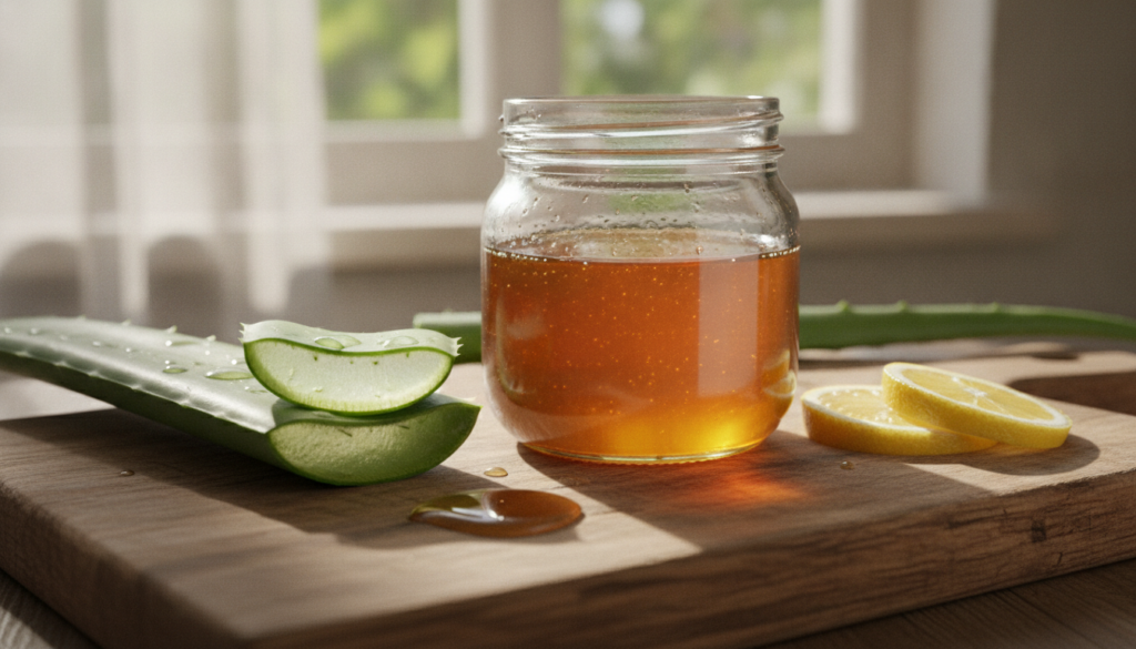 Ingredients for a natural face mask a fresh aloe vera leaf a jar of honey and a sliced lemon on a wooden cutting board w