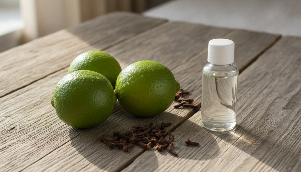 A close-up shot of fresh green limes whole cloves and a small bottle of baby oil arranged aesthetically on a rustic wood