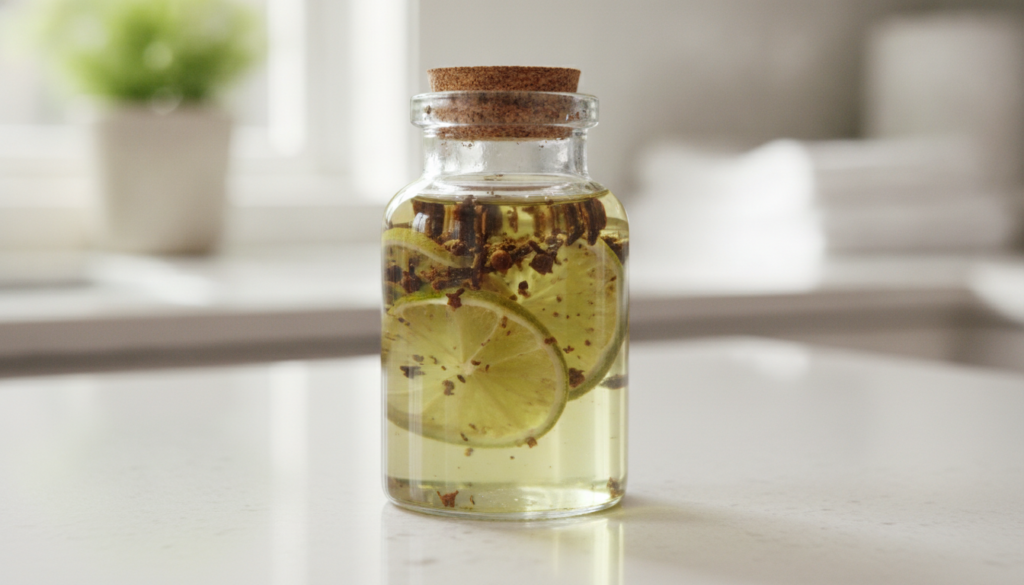 A small clear glass jar filled with the DIY lime clove and baby oil mixture showing the crushed cloves suspended in the