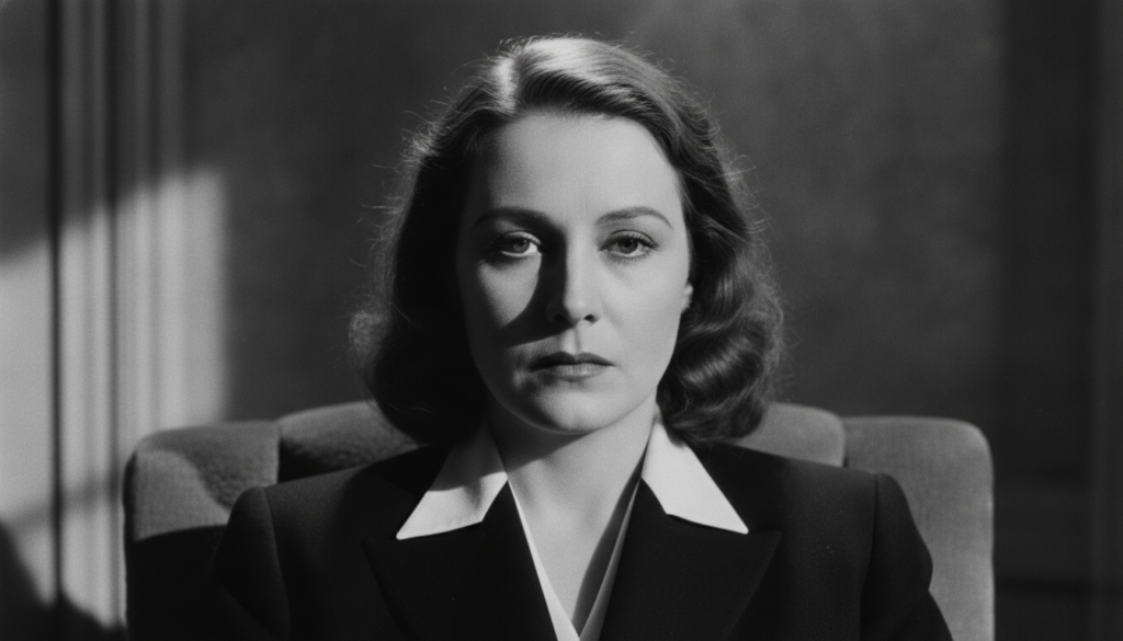 Black and white portrait of Greta Garbo looking serious and elegant