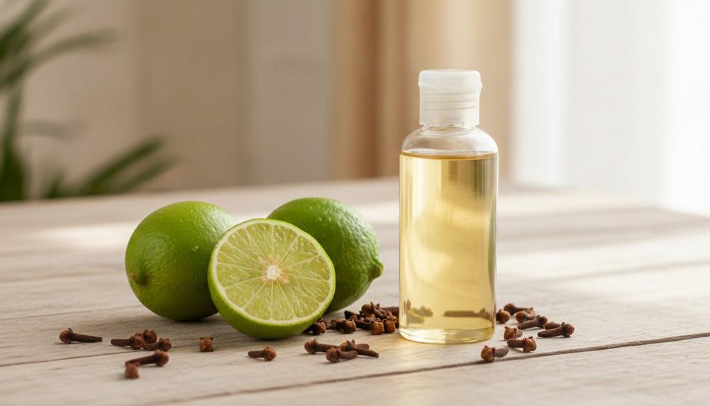A beautiful arrangement of fresh limes whole cloves and a bottle of baby oil on a clean light-colored surface with a sma