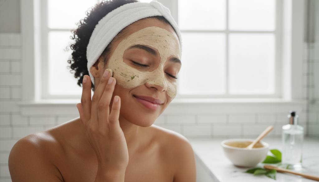 A woman gently massaging a homemade facial mask onto her clean radiant face in a well-lit bathroom with a relaxed and ha