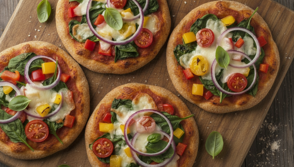Healthy whole wheat mini pizzas topped with colorful fresh vegetables like bell peppers red onion spinach and cherry tom