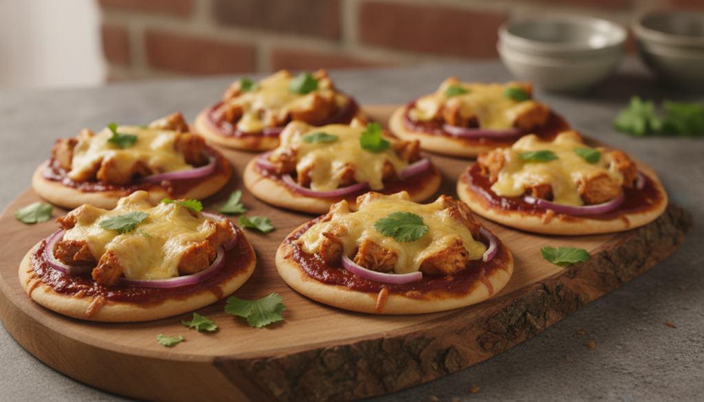 Mini pizzas topped with tangy BBQ sauce shredded cooked chicken red onion and melted cheese garnished with fresh cilantr
