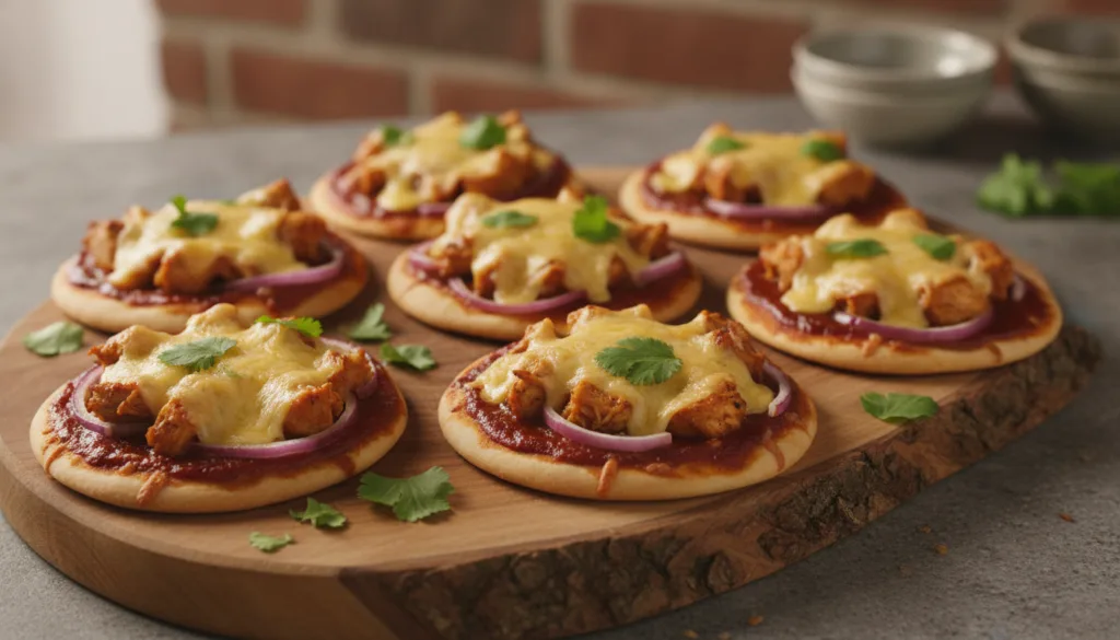 Mini pizzas topped with tangy BBQ sauce shredded cooked chicken red onion and melted cheese garnished with fresh cilantr