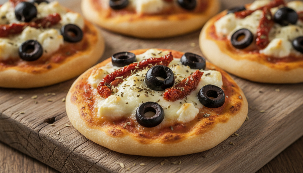 Mediterranean-inspired mini pizzas featuring crumbled feta cheese black olives sun-dried tomatoes and a sprinkle of oreg