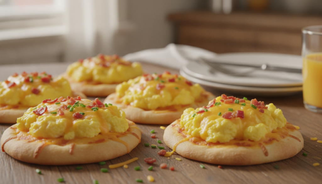 Mini pizzas topped with fluffy scrambled eggs crispy bacon bits cheddar cheese and fresh chives perfect for breakfast or