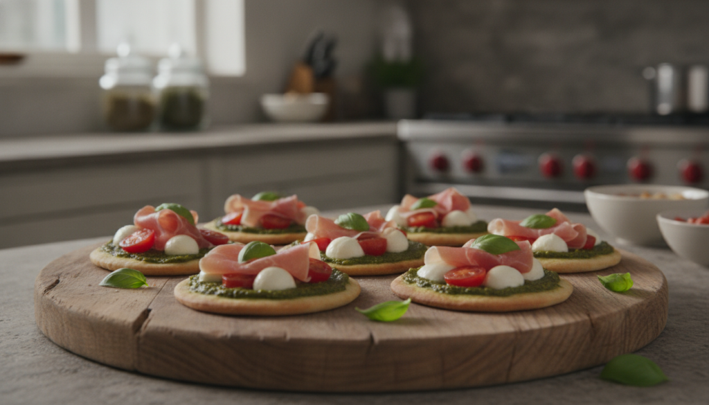 Elegant mini pizzas with a vibrant green pesto base thin slices of prosciutto small mozzarella pearls and halved cherry 