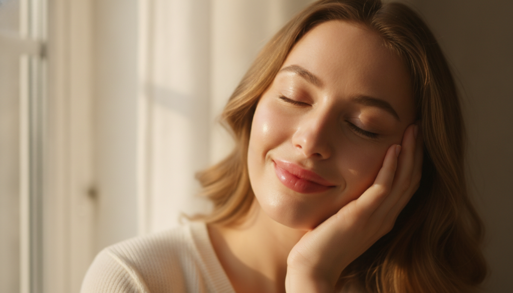 A woman gently touching her radiant healthy-looking skin with a soft smile showcasing a smooth and dewy complexion The l