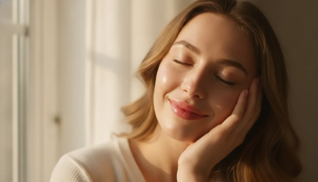 A woman gently touching her radiant healthy-looking skin with a soft smile showcasing a smooth and dewy complexion The l