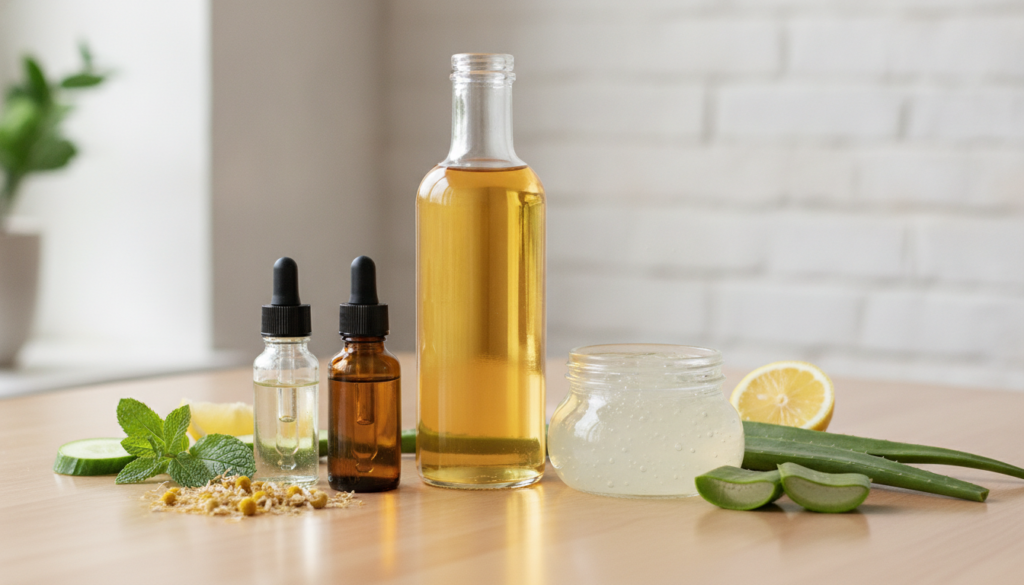 Various natural ingredients for a face wash including a bottle of liquid castile soap a jar of aloe vera gel a bottle of