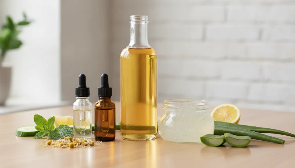 Various natural ingredients for a face wash including a bottle of liquid castile soap a jar of aloe vera gel a bottle of
