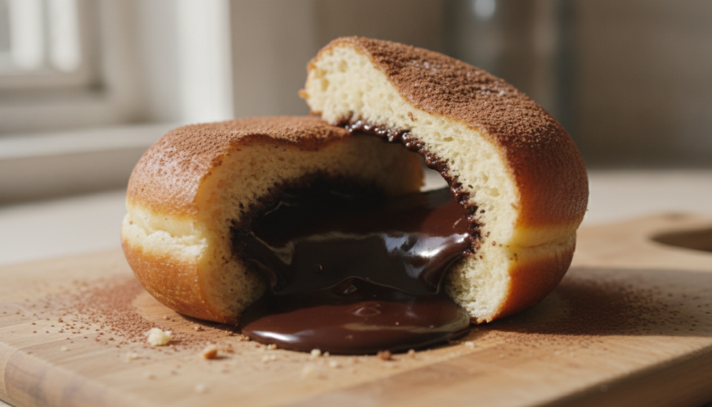 A close-up of a homemade doughnut generously filled with molten chocolate with a dusting of cocoa powder or light glaze