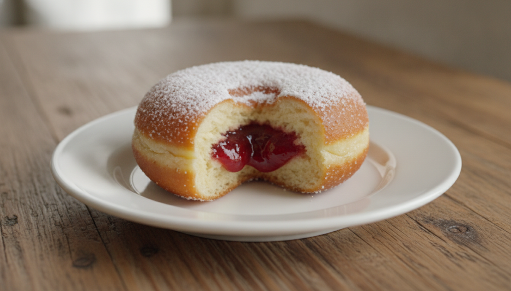 A vibrant red jam-filled doughnut with a dusting of powdered sugar presented attractively on a plate