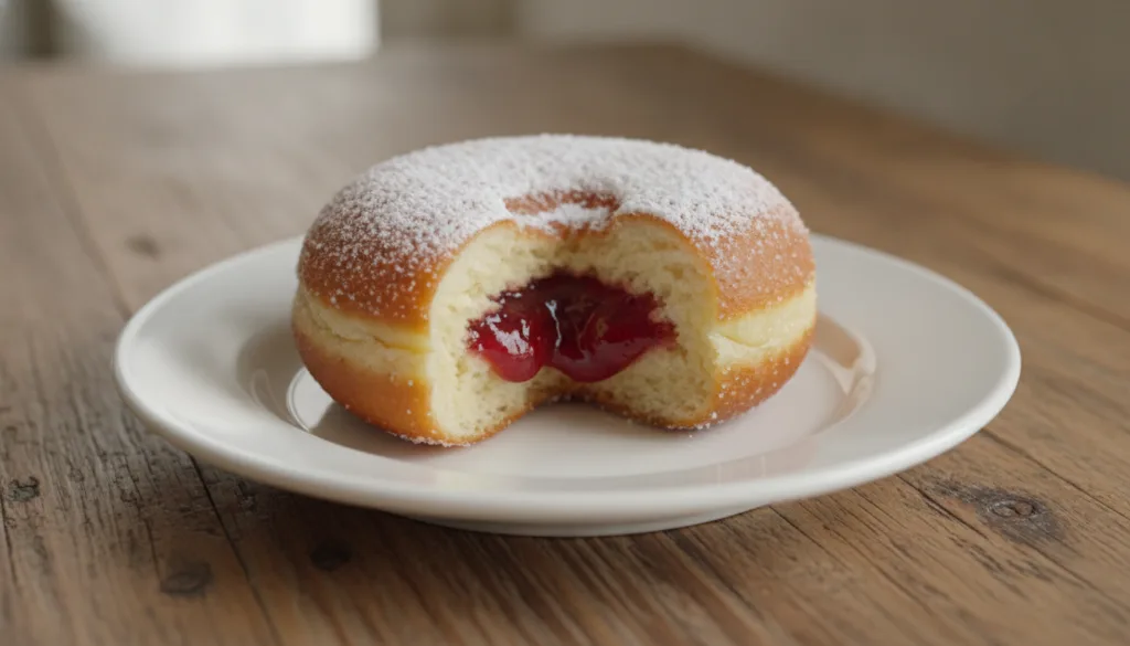 A vibrant red jam-filled doughnut with a dusting of powdered sugar presented attractively on a plate