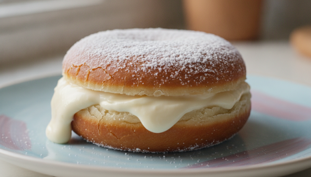 A fluffy homemade doughnut generously filled with creamy white pastry cream dusted with powdered sugar on a pastel backg