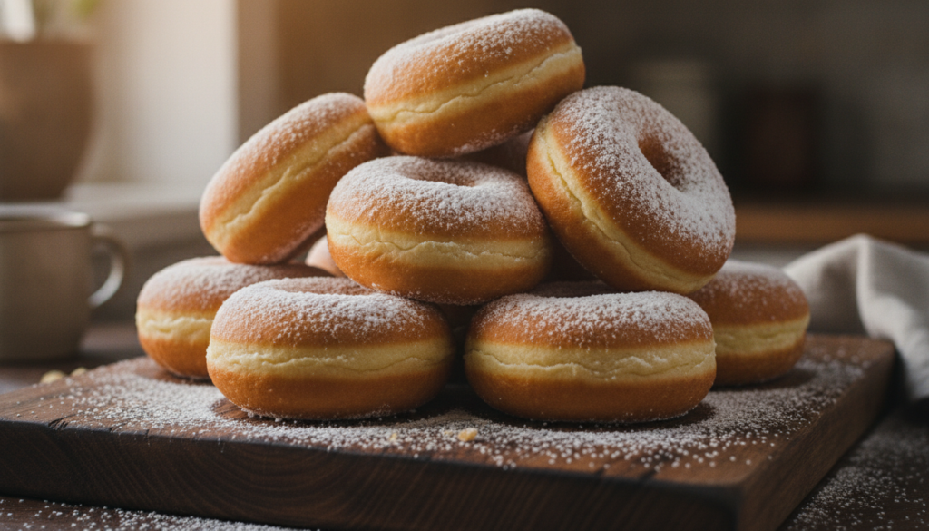 A pile of fluffy homemade doughnuts heavily dusted with white powdered sugar on a dark background for contrast