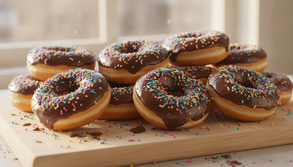 A vibrant assortment of chocolate-glazed doughnuts topped with colorful sprinkles arranged neatly
