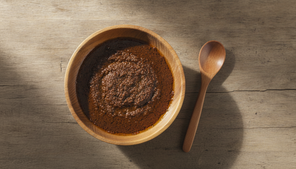 A top-down shot of a small bowl containing a mixture of coffee grounds and baby oil with a spoon next to it on a natural