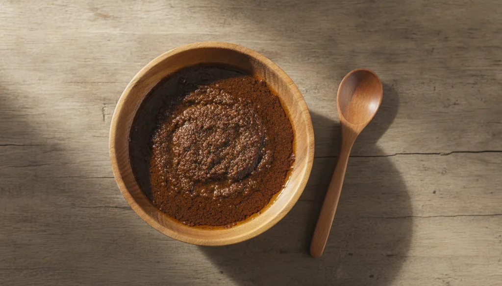 A top-down shot of a small bowl containing a mixture of coffee grounds and baby oil with a spoon next to it on a natural