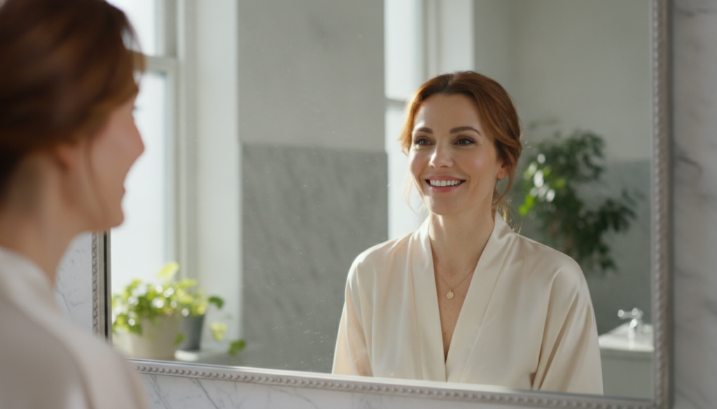 A woman in her late 30s or early 40s smiling confidently with radiant smooth skin looking into a mirror representing the