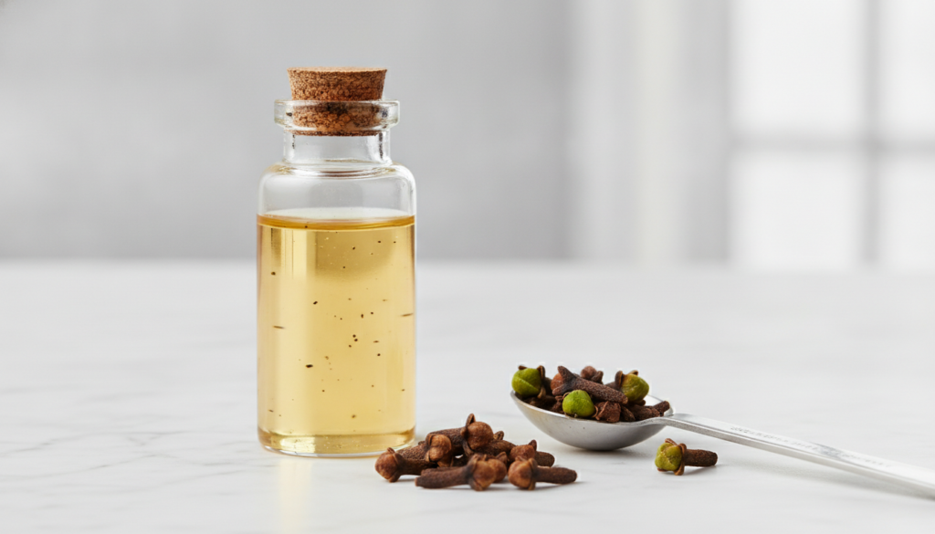 A small clear glass bottle filled with golden clove-infused oil placed next to fresh cloves and a measuring spoon showin
