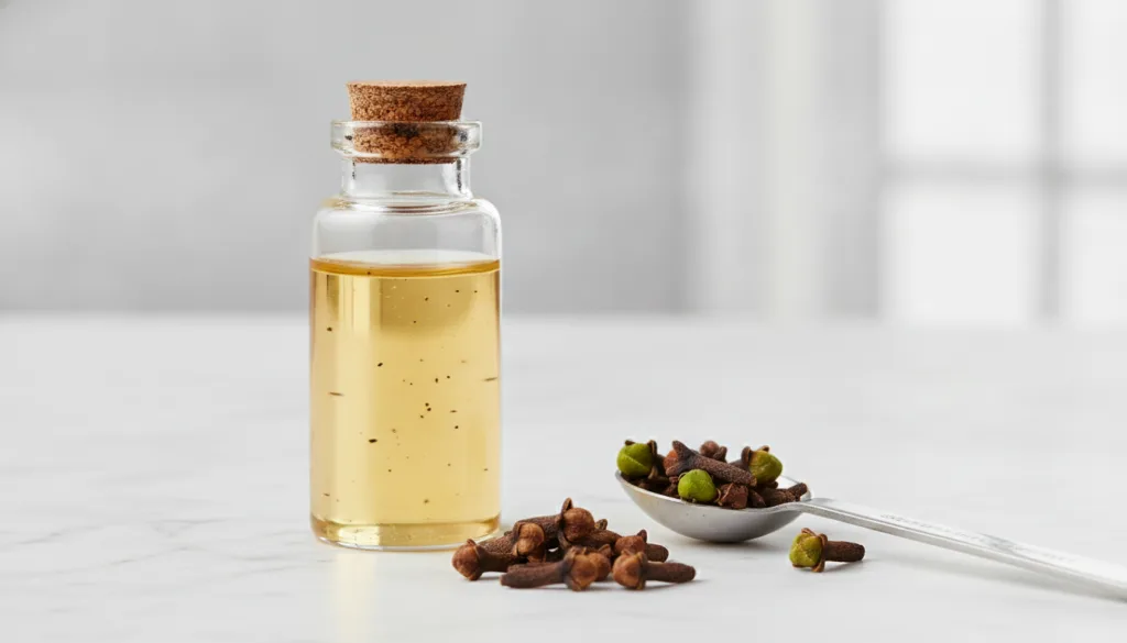 A small clear glass bottle filled with golden clove-infused oil placed next to fresh cloves and a measuring spoon showin