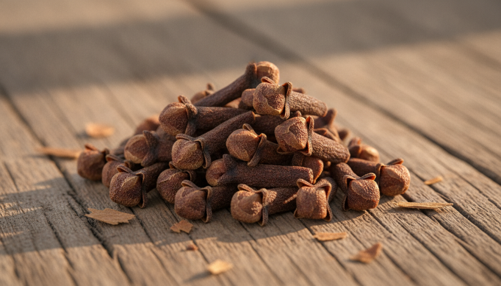 A close-up shot of dried cloves emphasizing their texture and aromatic quality A small pile of brown dried cloves on a r