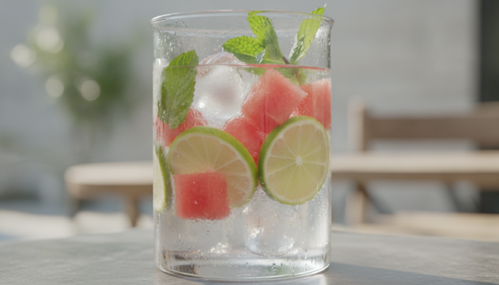 Close-up of a refreshing glass of watermelon and lime infused water or a light juice with ice garnished with mint The dr