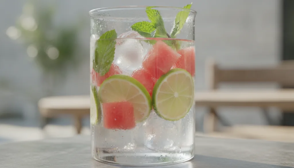 Close-up of a refreshing glass of watermelon and lime infused water or a light juice with ice garnished with mint The dr