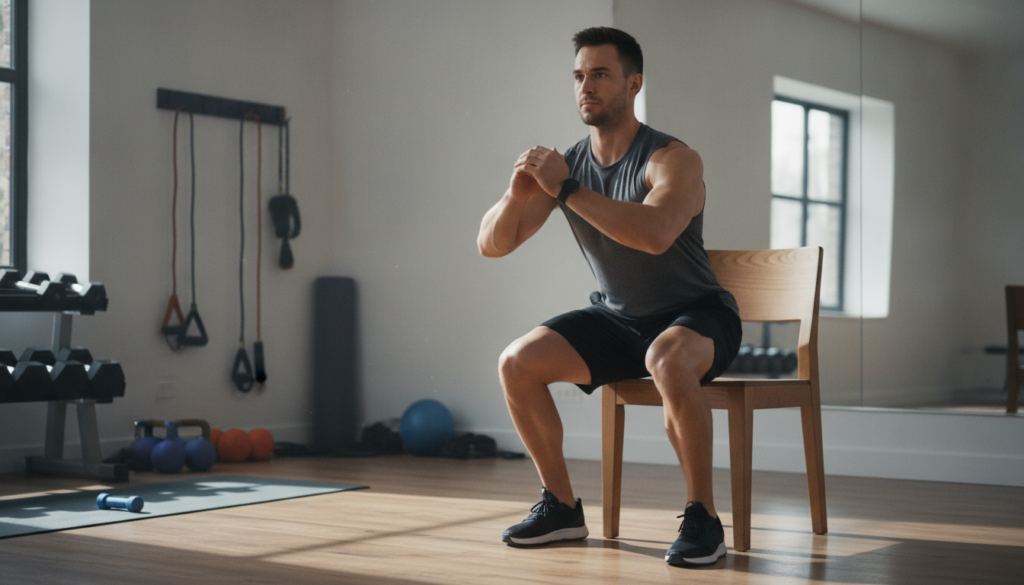 A person demonstrating a chair squat transitioning from seated to standing using a sturdy chair