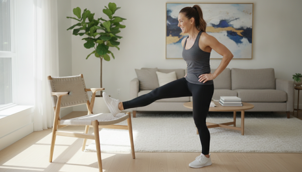 A smiling woman in comfortable workout clothes demonstrating a chair workout in a bright modern living room