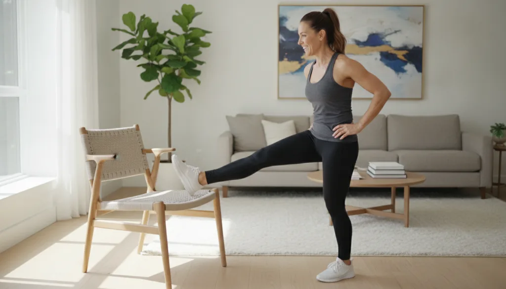 A smiling woman in comfortable workout clothes demonstrating a chair workout in a bright modern living room