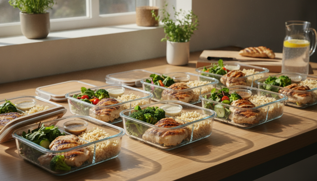 A balanced and colorful meal prep spread featuring lean protein complex carbohydrates and fresh vegetables suitable for 