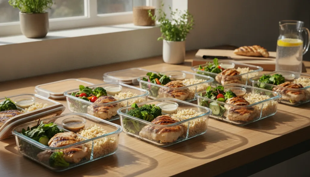 A balanced and colorful meal prep spread featuring lean protein complex carbohydrates and fresh vegetables suitable for 
