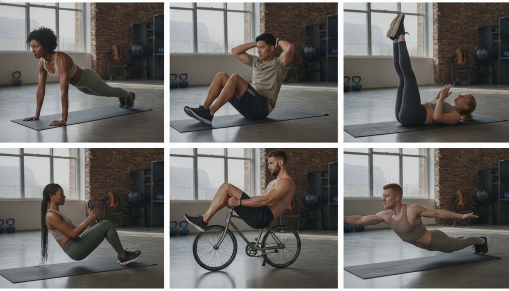 A collage of six different people demonstrating the six essential abs exercises plank crunches leg raises Russian twists