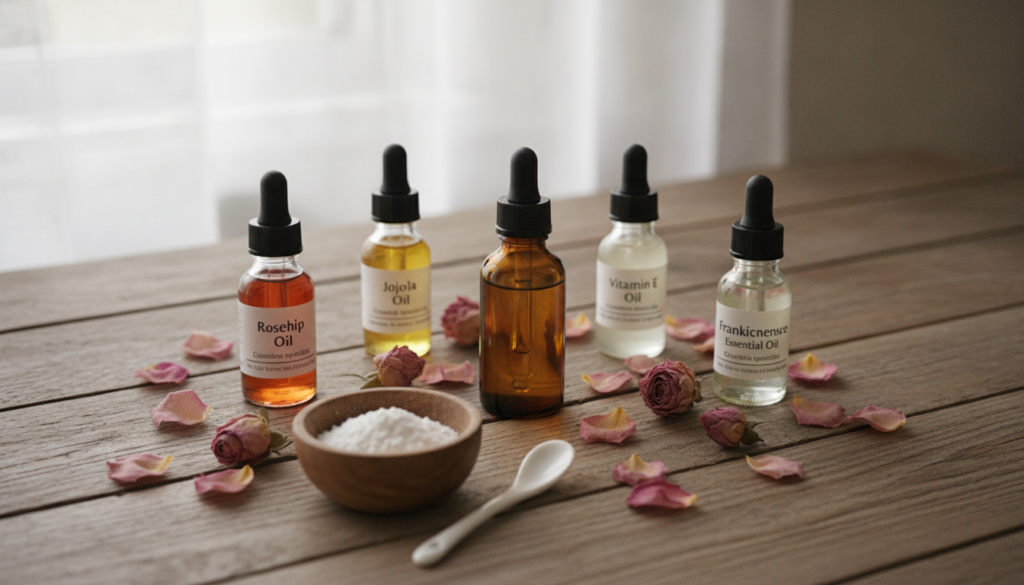 An aesthetic flat lay of natural ingredients for DIY collagen oil including small bottles of rosehip oil jojoba oil vita