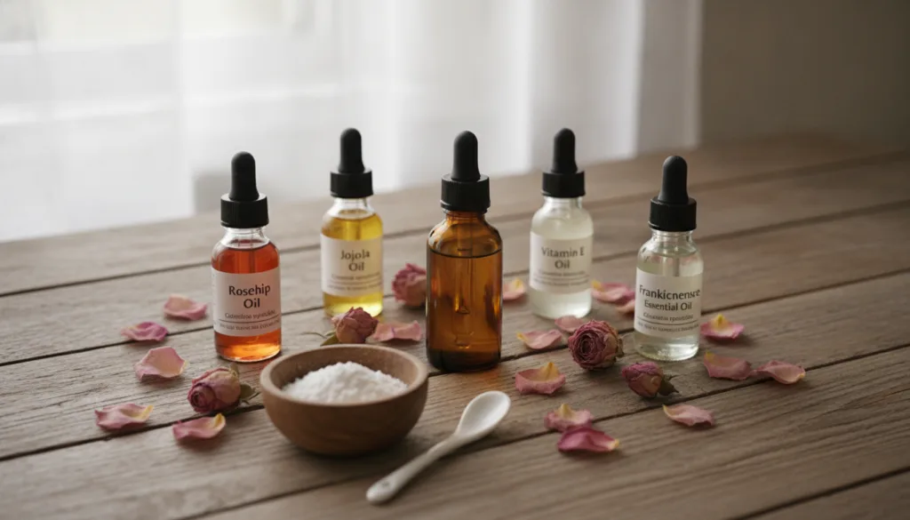 An aesthetic flat lay of natural ingredients for DIY collagen oil including small bottles of rosehip oil jojoba oil vita