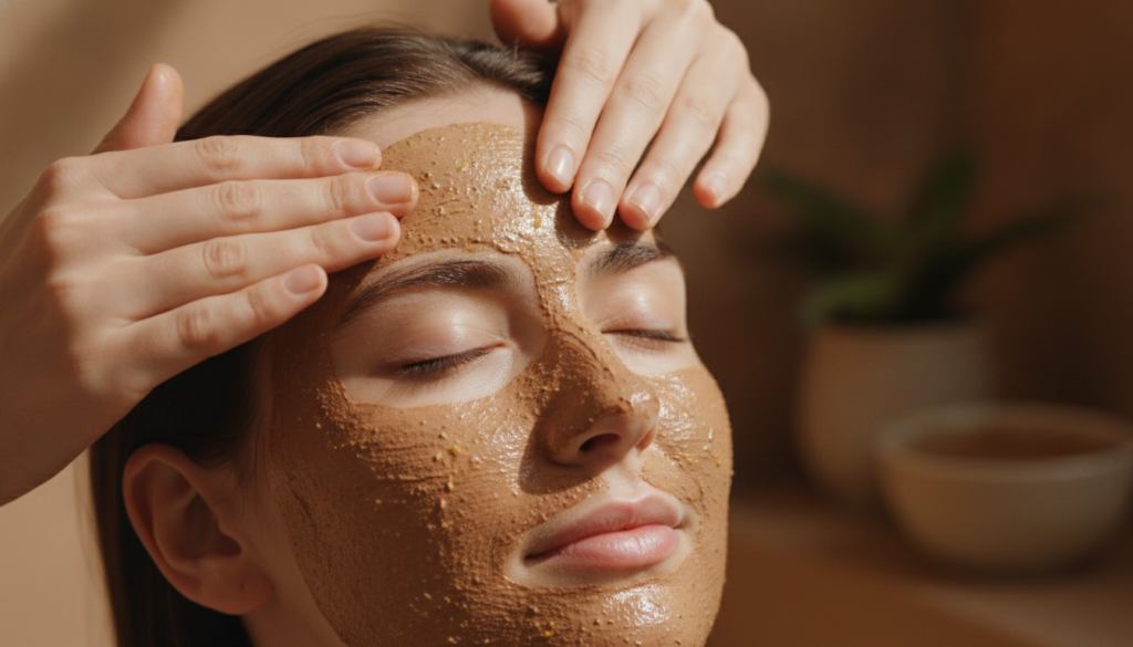 Close-up of hands gently applying a dark brown coffee and lemon mask to a clean fresh face The mask has a creamy texture