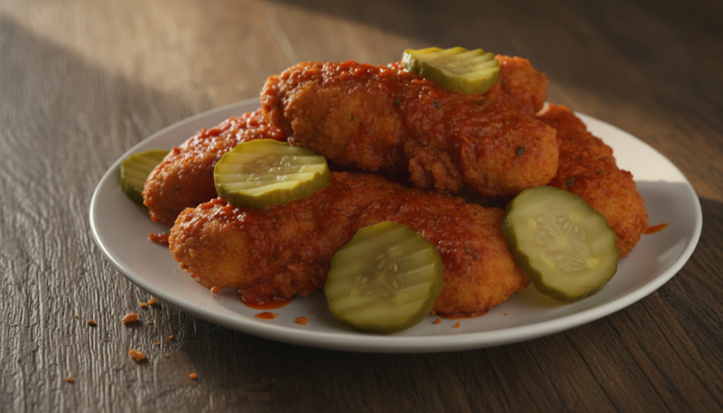 Nashville Hot Chicken Tenders on a white plate drenched in a fiery red sauce topped with pickle slices