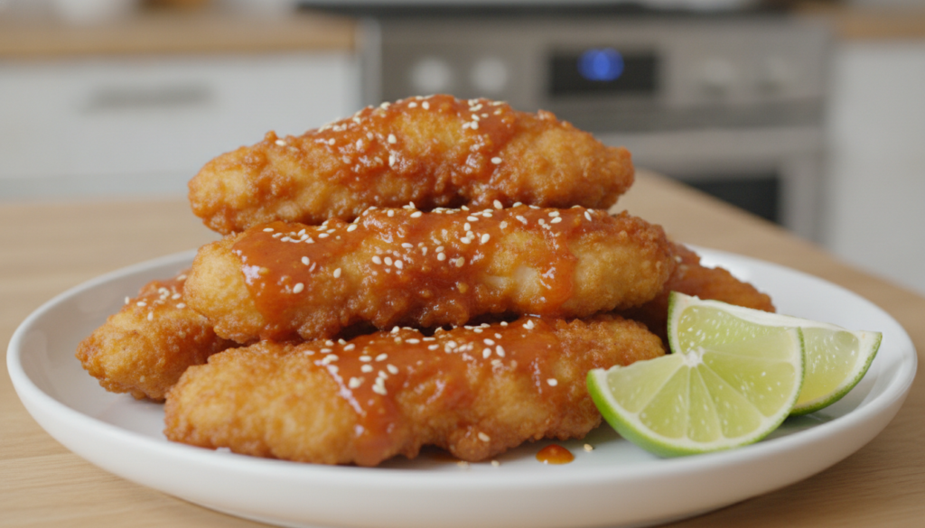 Spicy Honey Sriracha Chicken Tenders glistening with a glossy red sauce garnished with sesame seeds and lime wedges